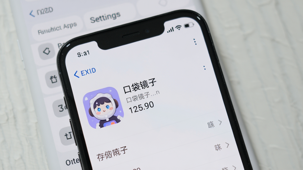 一部手机屏幕上显示口袋镜子App的存储占用信息界面,画面中手机屏幕显示应用详情页,清晰标注“口袋镜子”名称和极小的存储占用数字,背景是手机设置页面的浅色风格,界面简洁,画质高清,无多余元素