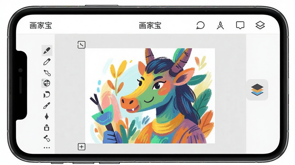 一张手机屏幕特写,屏幕上显示着“画家宝”绘画软件的界面,主体是一个色彩丰富的数字绘画作品正在绘制中,布局是手机竖屏握持视角,排版是软件操作界面与画布内容各占一半,风格是清新简约的扁平化UI设计,细节包括左侧工具栏、右侧图层按钮和顶部菜单栏,画质清晰干净,无多余元素。