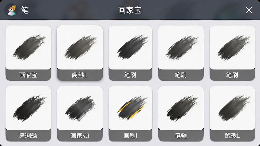 一张手机屏幕截图,展示“画家宝”软件内部的笔刷选择面板,主体是各种不同纹理和形状的笔刷图标排列,布局是网格状陈列,排版是每个笔刷下方带有名称标签,风格是拟物化与扁平化结合,细节包括笔刷的笔触预览效果,画质清晰,无多余元素。
