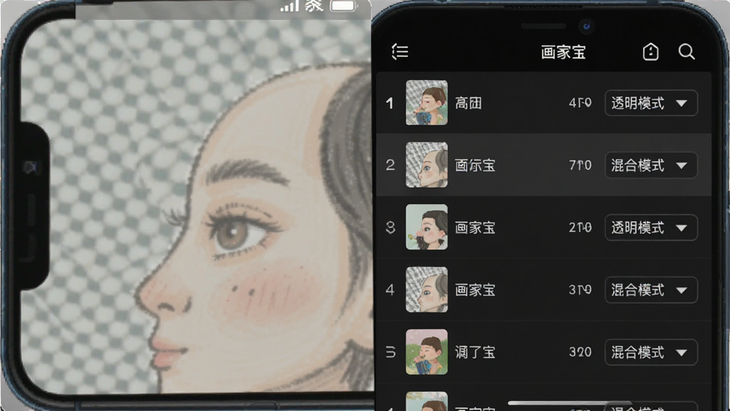 一张手机屏幕界面图,展示“画家宝”的图层管理面板,主体是多个图层条目叠在一起,布局在屏幕右侧,排版是列表形式,风格是深色模式界面,细节包括每个图层缩略图、名称、透明度和混合模式下拉菜单,画质清晰,无多余元素。