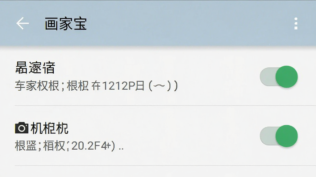 一张手机设置界面的截图,展示“画家宝”的应用权限管理页面,主体是存储权限和相机权限的开关按钮,布局是列表形式,排版清晰,风格是安卓原生设置界面,细节包括权限名称和开关状态,画质清晰,无多余元素。