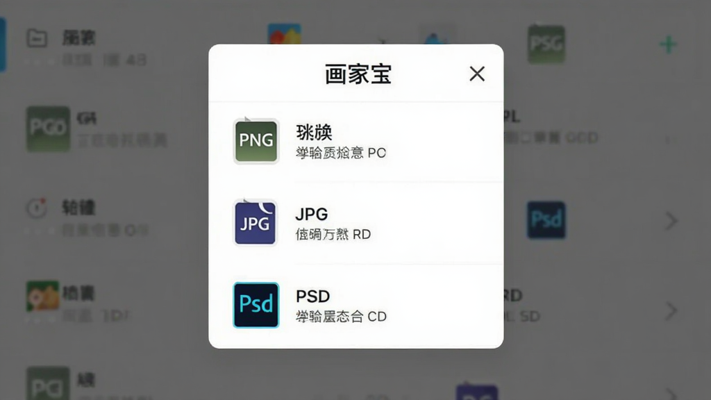 一张手机屏幕截图,展示“画家宝”的导出菜单界面,主体是格式选择弹窗,布局在屏幕中央,排版是垂直选项列表,风格是简洁的白色弹窗,细节包括PNG、JPG、PSD图标和文字说明,画质清晰,无多余元素。