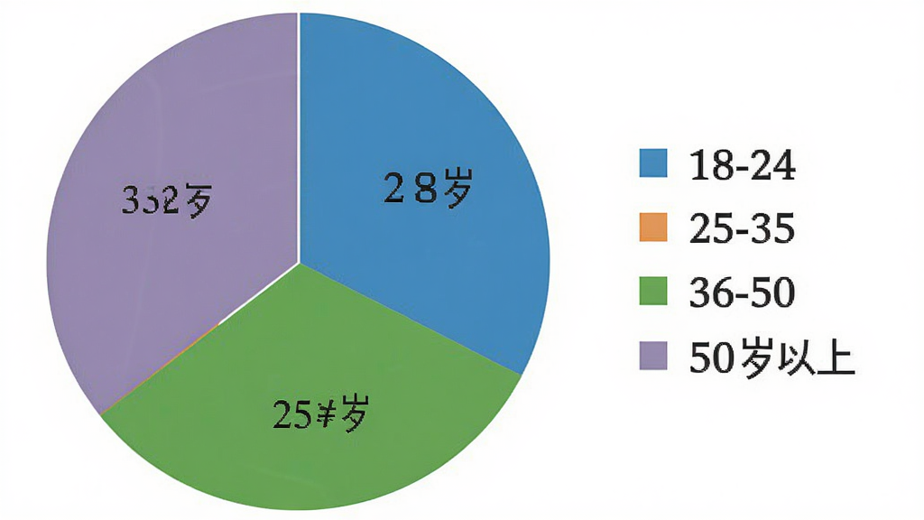 一张数据可视化图表,主体是不同年龄段用户占比的饼状图,布局是圆形饼图占主导,排版是图例在右侧,风格是扁平化数据图表,细节包括18-24岁、25-35岁、36-50岁、50岁以上四个扇区,画质清晰,无多余元素。