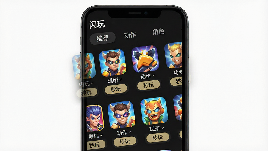 一张展示“闪玩”App游戏库界面的图片,画面主体是手机屏幕,屏幕内是“闪玩”的游戏列表,采用网格布局,每个游戏图标下方有游戏名称和“秒玩”按钮,界面顶部有分类标签如“推荐”“动作”“角色”,背景是深色模式,图标色彩鲜艳,整体风格现代简洁,画质干净无多余元素