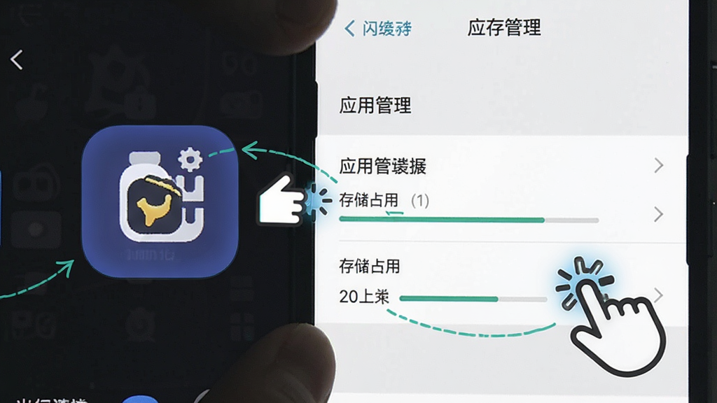 一张展示手机清理“闪玩”App缓存的操作示意图,画面是手机设置界面的截图风格,重点突出“应用管理”和“存储占用”两个选项,旁边有手指点击的图标,界面干净,标注清晰,风格简洁