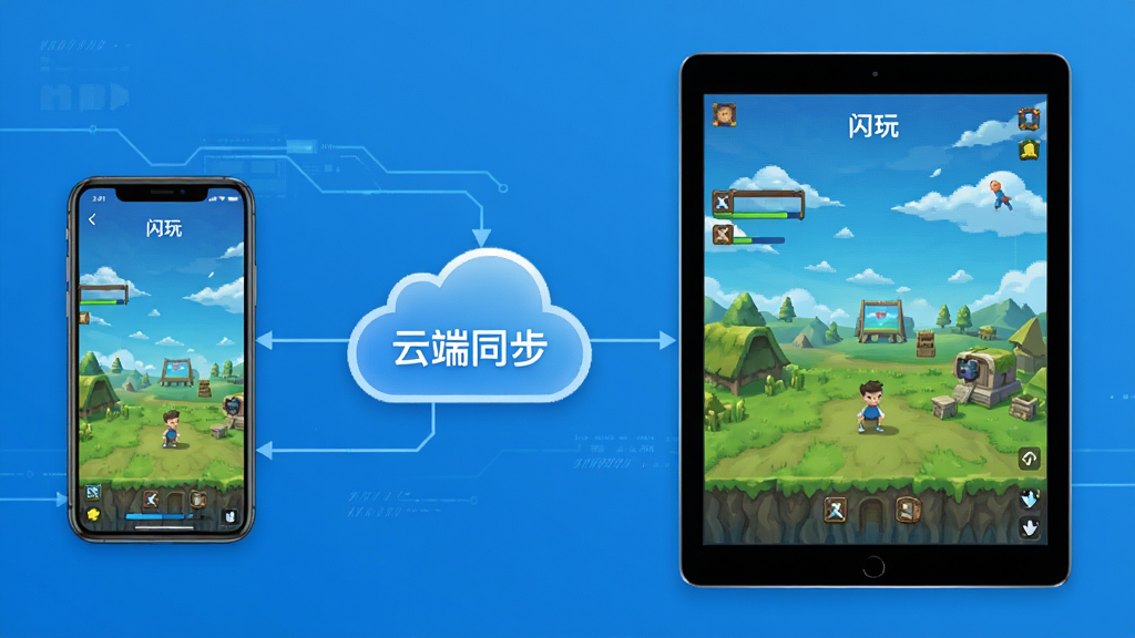 一张展示“闪玩”App云端存档功能的示意图,画面左侧是一部手机,右侧是一台平板电脑,中间用云朵图标连接,云朵上写着“云端同步”,手机和平板屏幕上都显示同一款游戏的相同进度画面,背景是简洁的科技蓝风格,线条清晰,画质干净