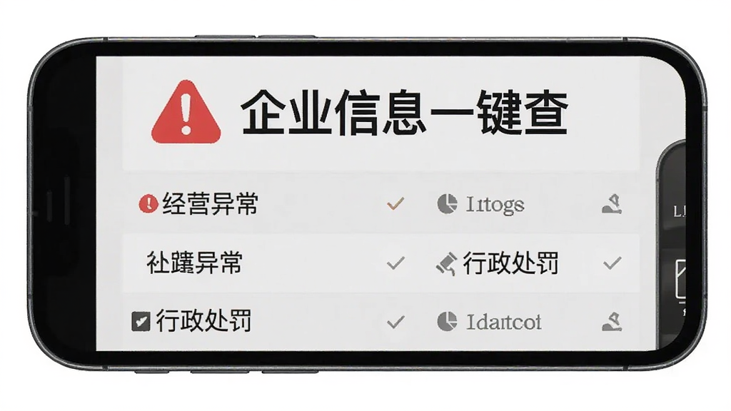 手机屏幕展示“企业信息一键查”的风险扫描结果页,页面顶部有红色感叹号图标,下方列表清晰标注“经营异常”“行政处罚”等条目,背景是淡灰色,界面排版整齐,文字醒目,风格严肃专业,画质干净无多余元素