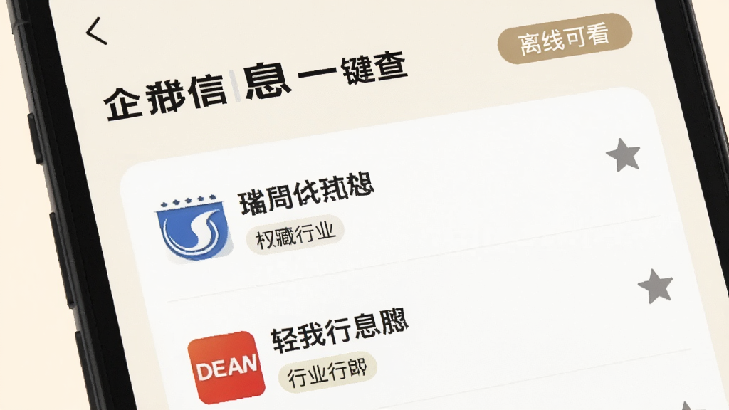 手机屏幕显示“企业信息一键查”的收藏夹页面,列表中有三家公司名称和对应的行业标签,右侧有星标图标,顶部有“离线可看”的提示标签,背景是柔和的米白色,界面布局清爽,风格生活化,画质干净无多余元素