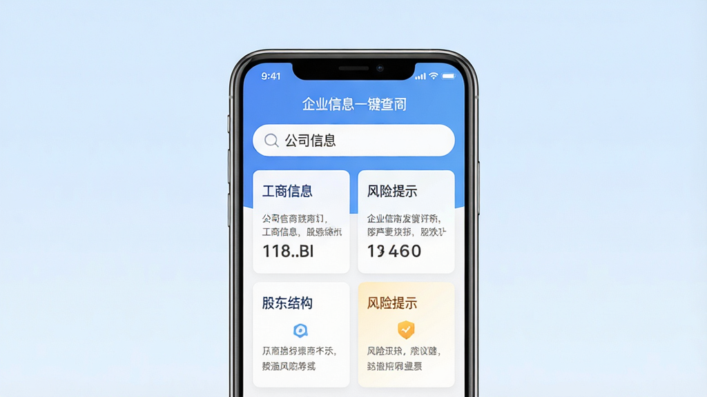 手机屏幕居中展示“企业信息一键查”APP主界面,顶部搜索框输入公司名称,下方清晰排列工商信息、股东结构、风险提示等卡片,背景是干净的浅蓝渐变,界面风格扁平现代,文字清晰可读,画面干净无多余元素,高画质