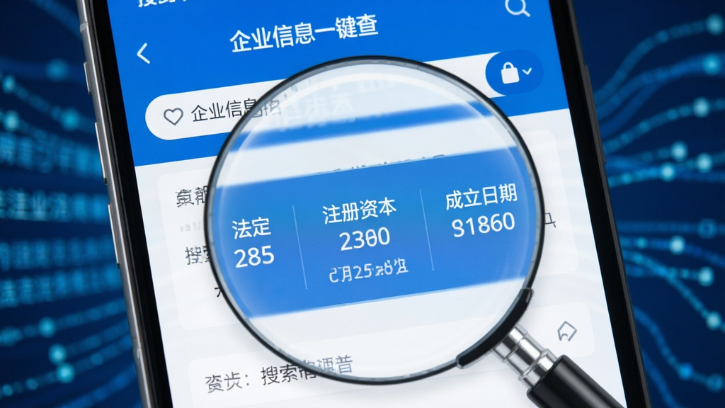 手机屏幕显示“企业信息一键查”的搜索结果页,屏幕中央突出显示一家公司的法定代表人、注册资本和成立日期三项核心数据,周围有轻微的放大镜聚焦特效,背景是模糊的数据流线条,风格科技简洁,色彩以蓝白为主,画质干净无多余元素