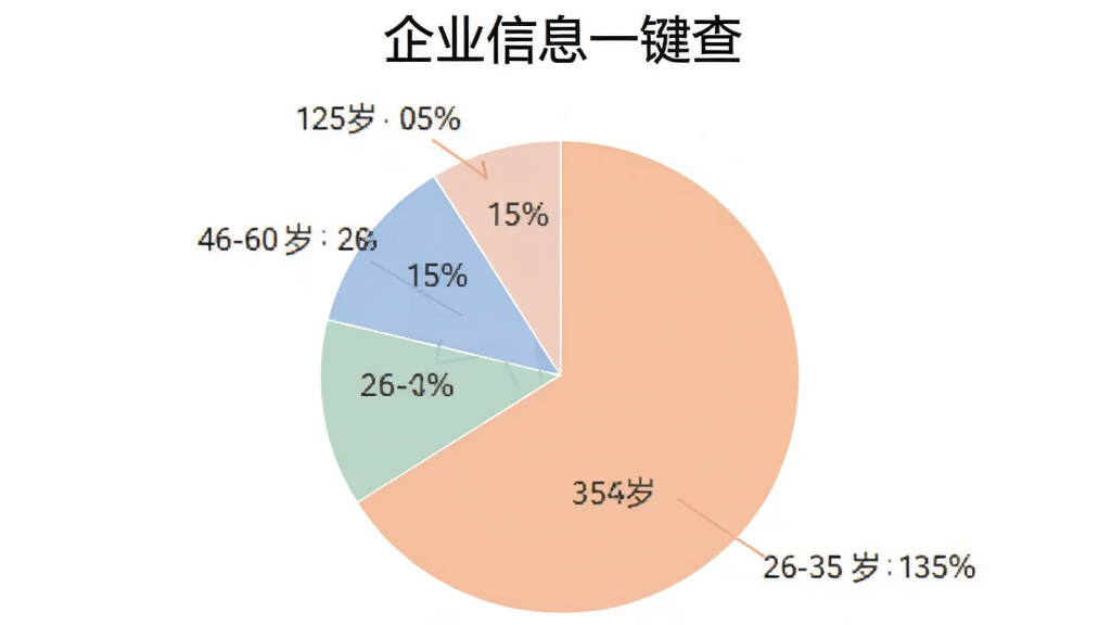 饼状图展示“企业信息一键查”用户年龄分布,18-25岁占15%,26-35岁占35%,36-45岁占30%,46-60岁占20%,图表配色柔和,标签清晰,背景白色,风格简洁明了,画质干净无多余元素