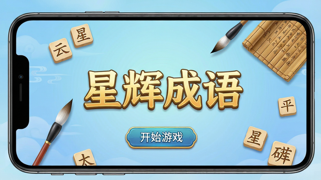 一张手机屏幕截图,画面中央显示“星辉成语”游戏主界面,背景是淡雅的蓝色渐变,中间有四个大字“星辉成语”用金色描边,下方有“开始游戏”按钮,周围散落着几个成语字块和毛笔、竹简等中国风元素,整体风格清新简洁,画质干净清晰,无多余元素