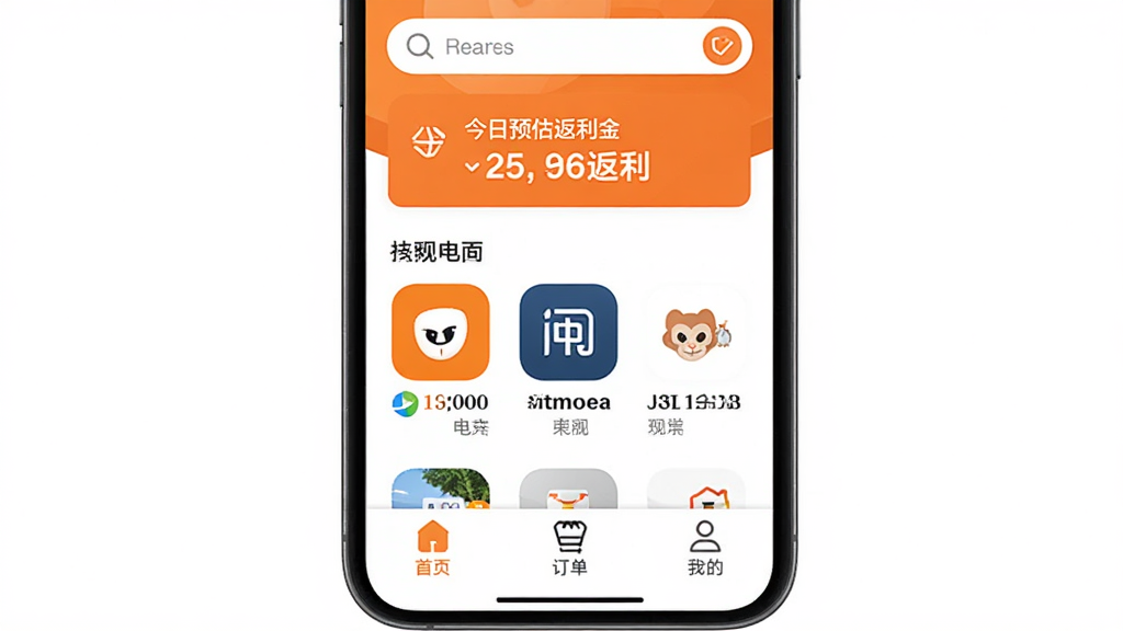 返利猿App主界面截图,手机屏幕居中展示,顶部显示搜索框和今日预估返利金额,中间为热门电商平台图标横向排列,底部导航栏包含首页、订单、我的三个选项卡,整体配色以橙色和白色为主,风格简洁明快,扁平化设计,图标圆润,高清画质,干净无多余元素