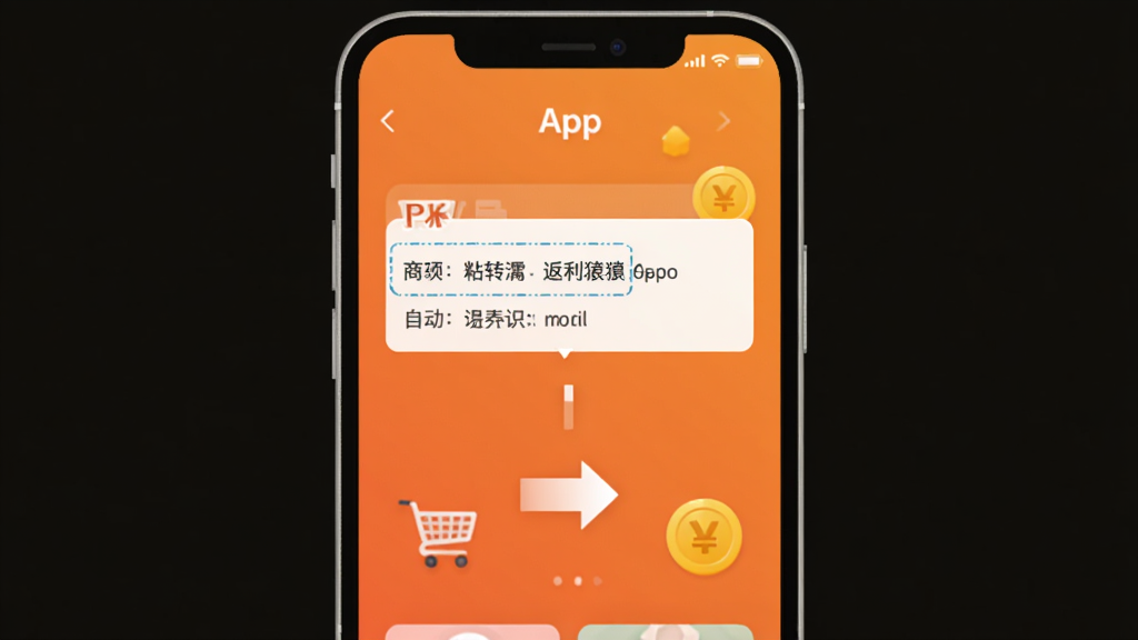 返利猿App一键跳转功能界面,手机屏幕显示商品链接粘贴框和自动识别提示,背景为橙色渐变,中间有向右的箭头引导跳转,旁边有购物车和金币图标点缀,扁平化风格,细节清晰,画质干净无多余元素