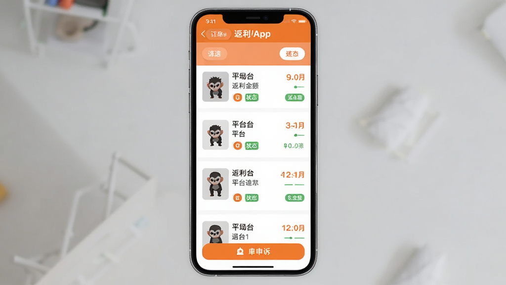 返利猿App订单追踪页面,手机屏幕展示订单列表,每个订单显示商品缩略图、平台名称、返利金额和状态标签,顶部有筛选按钮,底部有申诉入口,界面干净整洁,配色以白底橙字为主,扁平化设计,高清画质,无多余装饰元素
