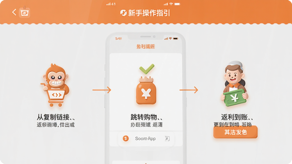 返利猿App新手操作指引界面,手机屏幕展示步骤图解,从复制链接到跳转购物再到返利到账的流程图,每一步有图标和简短文字说明,配色为橙色和浅灰色,扁平化风格,排版清晰,画质干净无多余元素