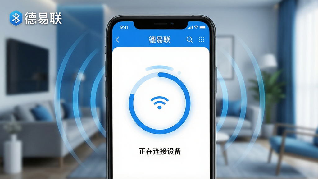一张展示手机蓝牙配网过程的图片,主体是手机屏幕特写,屏幕上显示德易联App的添加设备界面,中间有一个圆形进度条正在旋转,下方文字显示“正在连接设备”,周围有蓝牙信号波纹扩散的视觉元素,背景是模糊的客厅环境,风格现代科技感,配色蓝白为主,画质干净,无多余元素,图片中带有“德易联”文字标识。