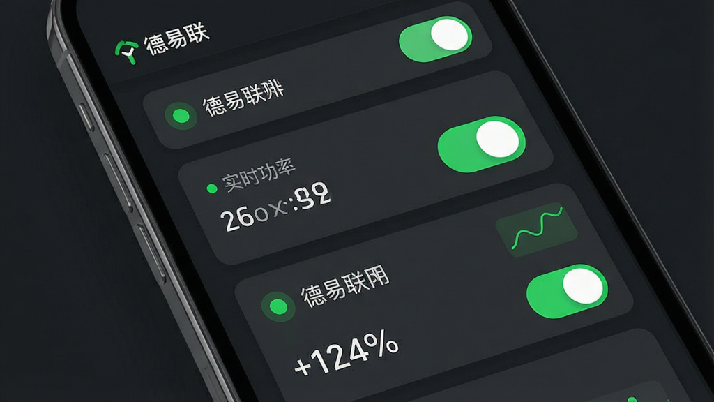 一张展示手机App设备状态监控界面的图片,主体是手机屏幕,屏幕上显示德易联App的设备列表页,每个设备卡片上有绿色在线圆点、设备名称、实时功率数字和开关按钮,背景是深色模式下的UI界面,风格简约现代,配色以深灰、亮绿、白色为主,细节精致,画质干净,无多余元素,图片中带有“德易联”文字标识。