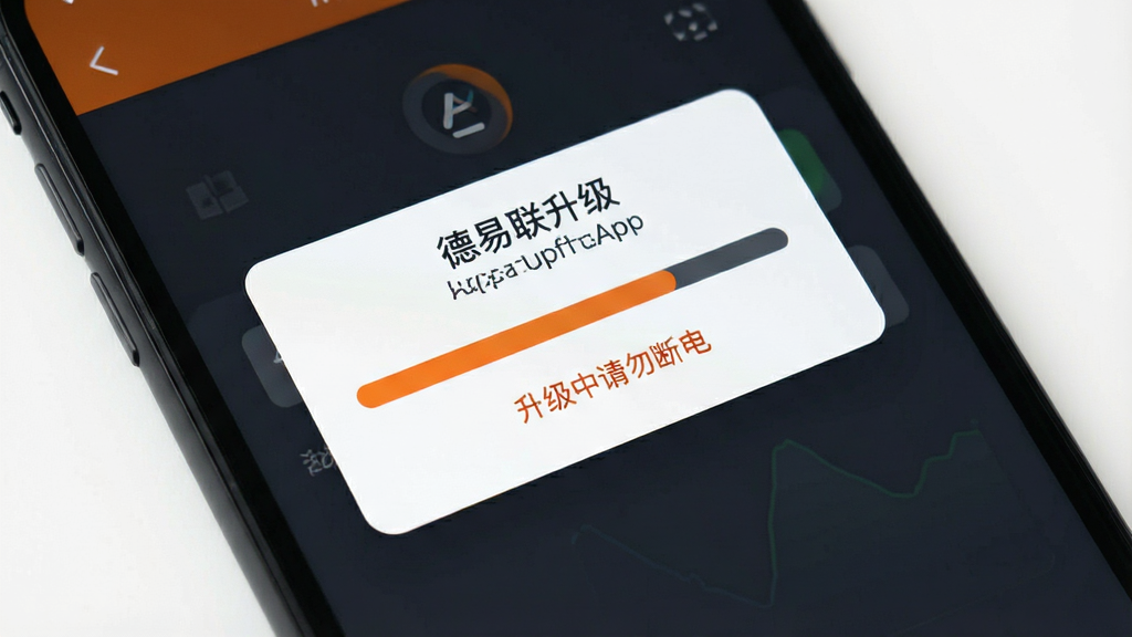 一张展示手机App设备固件升级界面的图片,主体是手机屏幕特写,屏幕上显示德易联App的固件更新提示弹窗,弹窗内有进度条和“升级中请勿断电”的警告文字,背景是深色UI,风格简洁严肃,配色以深灰、橙色、白色为主,画质干净,无多余元素,图片中带有“德易联”文字标识。