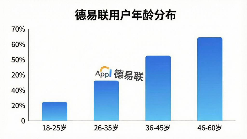 一张展示不同年龄段用户使用德易联App的柱状图图片,图表标题为“德易联用户年龄分布”,横轴为年龄段“18-25岁、26-35岁、36-45岁、46-60岁”,纵轴为用户占比百分比,柱状图颜色为渐变蓝色,背景为白色,图表清晰,风格简洁商务,画质干净,无多余元素,图片中带有“德易联”文字标识。