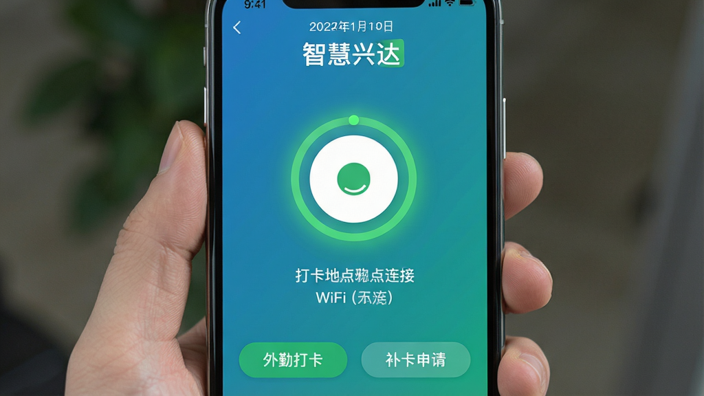 �ǻ��˴�App�Ŀ��ڴ򿨲������棬����չʾ�ֻ���Ļ�ϵĴ�ҳ�棬������ʾ��ǰ���ں͡��ǻ��˴���ֱ�ʶ���м���Բ�δ򿨰�ť����ť��Χ����ɫ���α�ʾ�ɴ�״̬���·���ʾ�򿨵ص����ƺ�WiFi����״̬���ײ��С����ڴ򿨡��͡��������롹������Ҫ��ť�������������ˣ�������ɫ�����ʸɾ�����