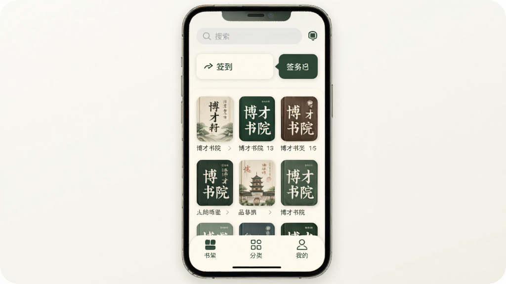 һ���ֻ���Ļչʾ�Ų�����ԺApp�������棬�����Ϸ�����������ǩ����ڣ��м����������е���ܷ��棬�ײ�����ܡ����ࡢ�ҵ�����������ť������ɫ�����װ׺�ī��Ϊ����������¼�Լ��ϸ��Բ�󣬻��ʸɾ��޶���Ԫ�ء�
