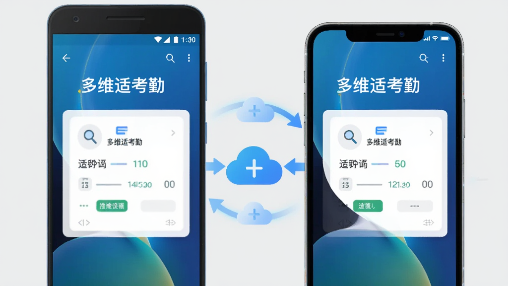 һ�Ŷ��豸ͬ��ʾ��ͼ������������һ����׿�ֻ���һ��iPhone������ʾ����ά�ʿ��ڡ��Ľ��棬����Ϊ���ҶԳƣ����Ϊ�ִ��Ƽ��廭�磬ϸ���������ֻ�֮�����ƶ�ͼ���ͬ����ͷ���ӣ�����Ϊǳ��ɫ�����ʸɾ����޶���Ԫ�ء�