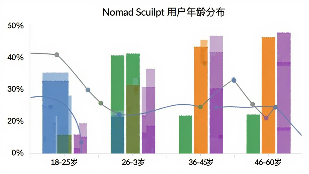 Nomad Sculpt �û�����ֲ���״ͼ������Ϊ�����18-25�ꡢ26-35�ꡢ36-45�ꡢ46-60�꣬����Ϊռ�Ȱٷֱȣ���״��ɫ�ֱ�Ϊ��ɫ����ɫ����ɫ����ɫ��ͼ������Ϊ��Nomad Sculpt �û�����ֲ��������ɾ���࣬��������