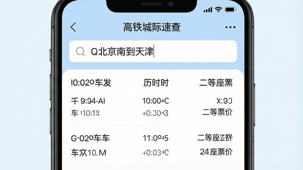 һ���ֻ�Ӧ�ý����ͼ��չʾ�������Ǽ��ٲ顱APP����ҳ���������������롰�����ϵ���򡱣��·��б�������ʾG��ͷ�г����Ρ���������ʱ�䡢��ʱ�Ͷ�����Ʊ�ۣ������Ǹɾ��İ�ɫ�͵���ɫ�����������ִ���ƽ����������������Ԫ�أ����廭�ʸɾ����޶���װ�Σ�ͻ����ѯ���ܵı������ˬ
