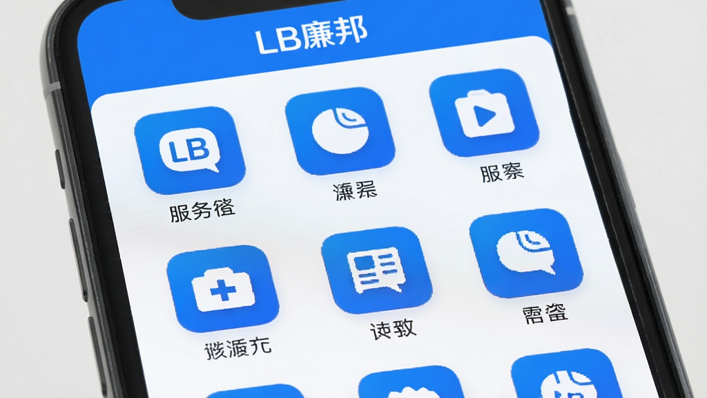 �ֻ���Ļ��д��չʾLB����APP�ڹ��ܷ��������ľŹ�����б�ʽ������ڽ��棬ͼ�����ͳһΪԲ�Ǿ��Σ���ɫ������Ϊ����ÿ��ͼ���·��м������ı�ǩ�����沼���������򣬷���Լ�ִ������ʸɾ��޶���Ԫ�أ���Ļ�Ϸ��С�LB������ֱ�ʶ��