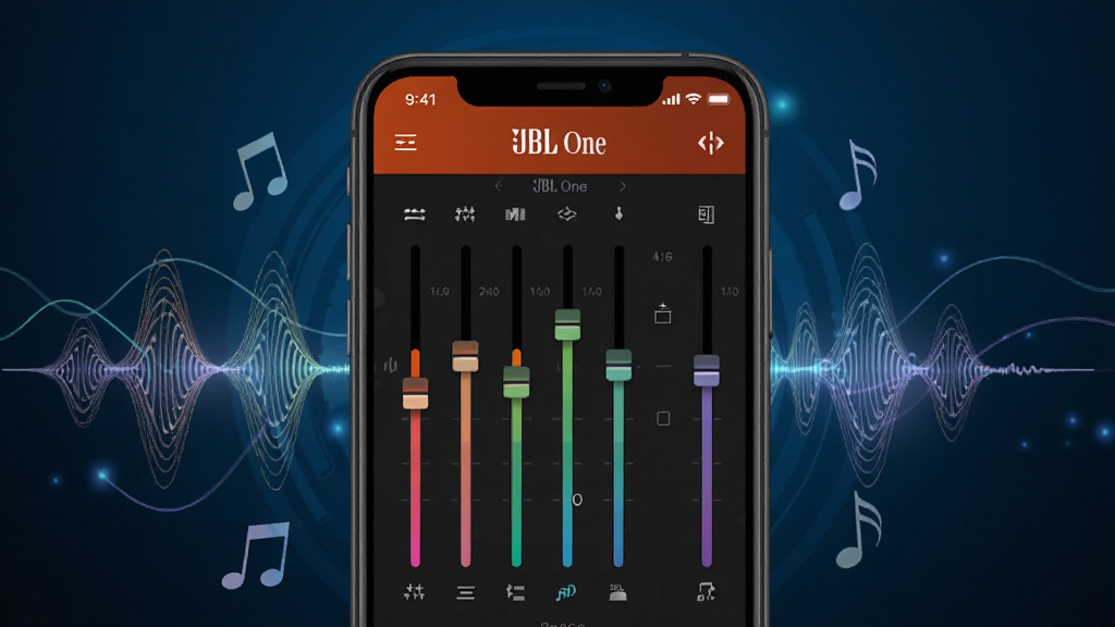 һ��չʾJBL One���������ڹ��ܵ���дͼ������������һ���ֻ�����Ļ����ʾ��JBL OneӦ�õľ��������棬�ж�����ɫ����ֱ���Ʋ�ͬƵ�Σ������Ϸ�д�š�JBL One���������ֻ���Χ�����ų��������ͼ�κ��������š�����������ɫ���䣬����΢���ĿƼ��й�Ч�����רҵ���ִ������ʸɾ��������޶���Ԫ�ء�