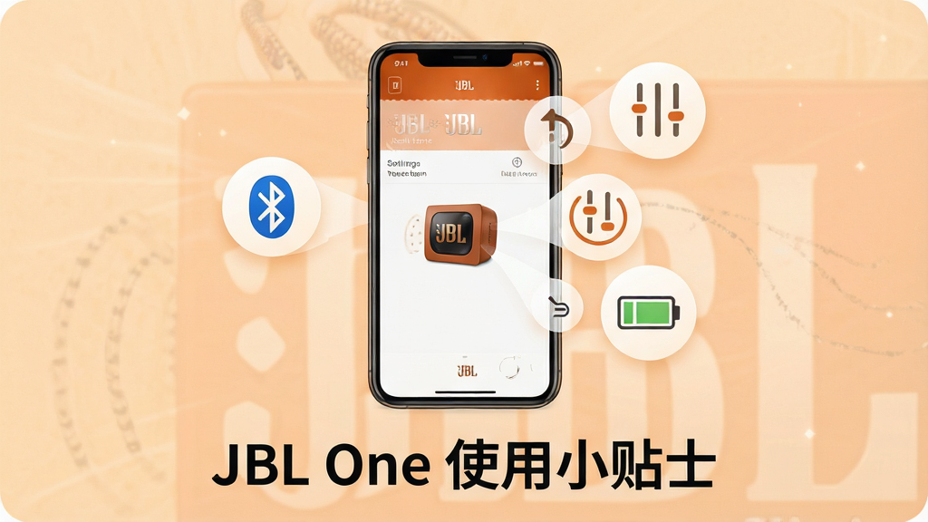 һ��չʾJBL Oneʹ�ü��ɵ�ʾ��ͼ����������һ���ֻ�����Ļ����ʾ��JBL OneӦ�õ����ý��棬�Ա��м���������ͼ�꣺һ���������š�һ���̼�������ͷ��һ�����������顢һ�����ͼ�ꡣ�ֻ��·���һ�����֡�JBL One ʹ��С��ʿ������������͵�ǳ��ɫ��������΢����������������죬���ʸɾ��������޶���Ԫ�ء�