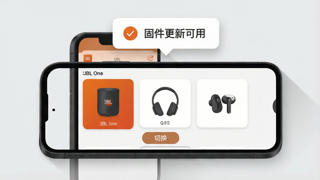 һ��չʾJBL One���豸�л��͹̼��������ܵ�ʾ��ͼ����������һ���ֻ�����Ļ����ʾ��JBL OneӦ�ý��棬�����������豸��Ƭ��һ�����䡢һ��ͷ��������һ�������߶������������俨Ƭ������ѡ�У��Ա���һ�����л�����ť���ֻ��Ϸ�������һ�����̼����¿��á�����ʾ���ݡ������Ǽ���ǳ��ɫ��������΢����ӰЧ��������ƽ�������ʸɾ��������޶���Ԫ�ء�