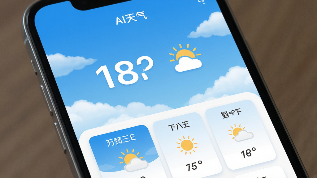 �ֻ���Ļ����ʾ�š�AI������App�������棬���������µ�������ƣ����������д�ŵ��¶����ֺ�����ͼ�꣬�·�����������δ�����������Ԥ����Ƭ����������������������ɫ����ƽ����ƣ����ʸɾ��޶���Ԫ��