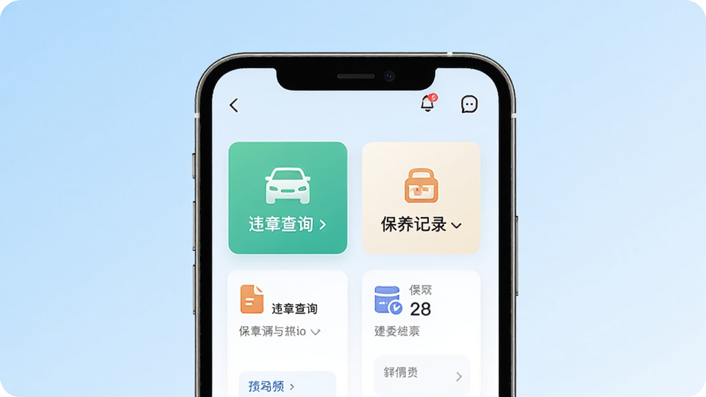 һ��չʾ�쳵APP���Ľ�����ֻ�ģ��ͼ���������ֻ���Ļ�����־��У��Ű��࣬����ִ���ƽ����ϸ������Ļ����ʾ����ͼ�ꡢΥ�²�ѯ��������¼�ȿ�Ƭ��������ǳ��ɫ���䣬���������ɾ����޶���Ԫ��