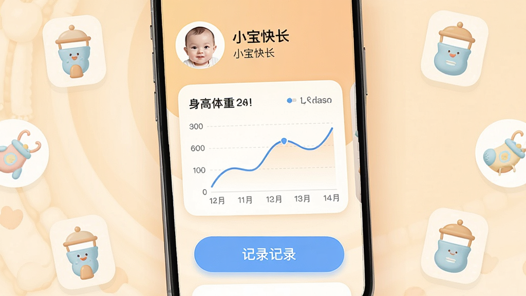 һ��չʾС���쳤App��������ֻ���ͼ�����涥����ʾ����ͷ����ǳƣ��м��Ǽ�¼�ɳ����ݵĿ�Ƭʽ���֣�����������������ͼ���ײ�����Ŀ�ļ�¼��ť����������͵�ůɫ�����Ա�ɢ���ſɰ���Ӥ����Ʒͼ�꣬�����ܰ��Լ�������������ɾ��޶���Ԫ�أ����ֱ�ע��С���쳤��