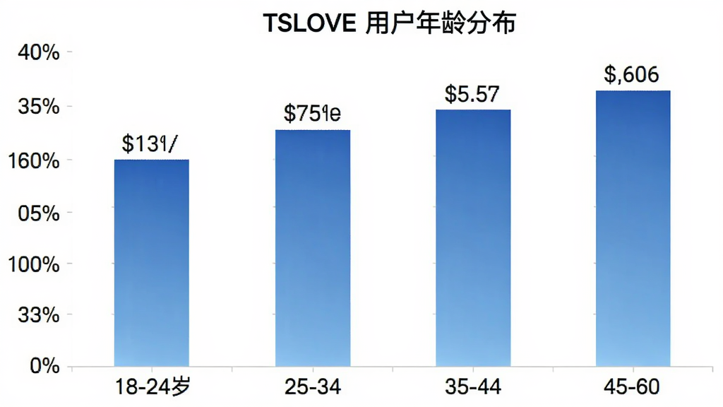 TSLOVE �û�����ֲ���״ͼ������Ϊ�����18-24�ꡢ25-34�ꡢ35-44�ꡢ45-60�꣬����Ϊ�û�ռ�Ȱٷֱȣ���״ͼ��ɫΪ��ɫ���䣬ͼ������Ϊ��TSLOVE �û�����ֲ����������ɾ������ݱ�ǩ���������ʸɾ����޶���Ԫ��