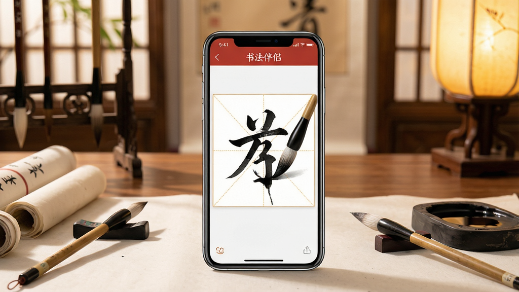 һ��չʾ�ֻ��鷨��ϰӦ�õĳ���ͼ������������һ�������ֻ�����Ļ����ʾ�鷨���µ����ֽ��棬���ָ�����һ֧ë��������д���֣����涥����ʾ���鷨���¡�Ӧ�����ƣ���Χɢ����ë�ʡ���ֽ�����ī�⣬�������й�����鷿������ľ��������ůɫ�ƹ⣬�����ܰ��Ȼ�����������ɾ����޶���Ԫ�أ���ͼ���ֻ�Ϊ���壬���־��У�ϸ�ڷḻ�����������ɼ�