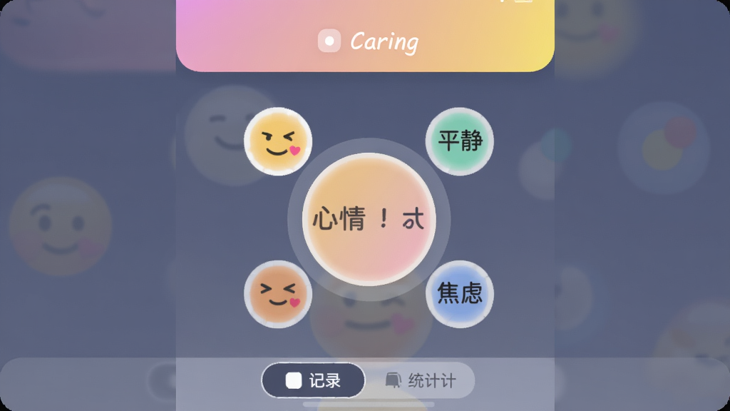 �ֻ���Ļ������ʾ Caring Ӧ�������棬��������͵Ľ���ɫ�������м���һ������Բ������ѡ��ť����Χ�����ſ��ġ�ƽ�����ѹ������ǵȱ���ͼ�꣬�ײ��м�¼��ͳ��������ǩ�����岼�ּ�࣬�����ů������ϸ��Բ�󣬻��ʸɾ��޶���Ԫ��