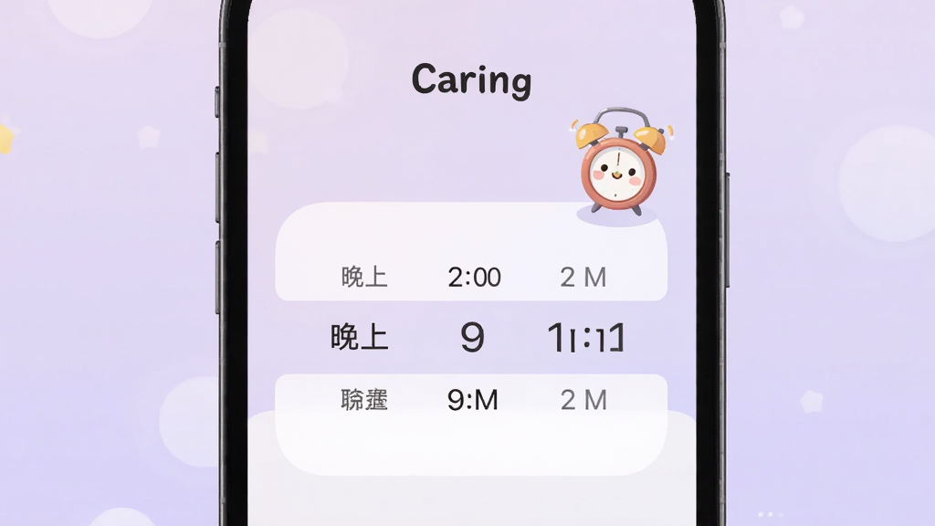�ֻ���Ļ��ʾ Caring ���������ý��棬ʱ��ѡ������ʾ���Ͼŵ㣬�Ա���һ���ɰ�������ͼ�꣬����Ϊ����ɫ���䣬���־��У������ܰ��ϸ�ھ��£����ʸɾ��޶���Ԫ��