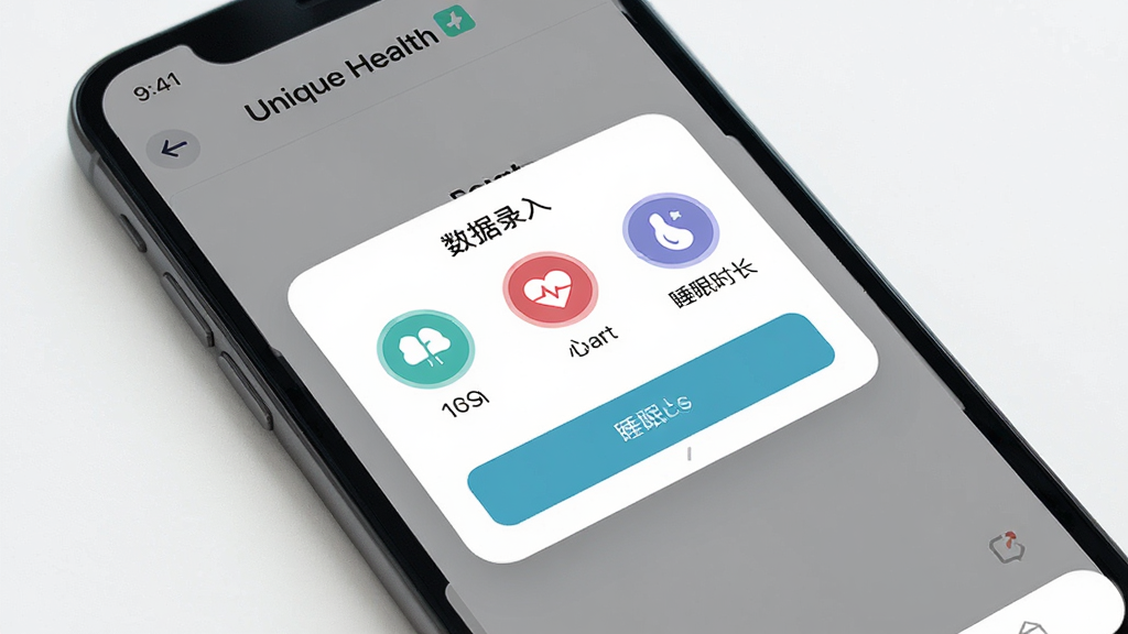 һ��չʾUnique Health���ݼ�¼�����ͼƬ�������������ֻ���Ļ��д����Ļ����ʾUnique HealthӦ�õ�����¼�뵯���������ڰ������ء����ʡ�˯��ʱ����ѡ��ͼ�꣬ͼ����Ƽ�࣬�����Ǹɾ��İ�ɫ�����沼������������ִ���ƽ��ϸ��Բ�󣬻��ʸɾ��޶���Ԫ�ء�