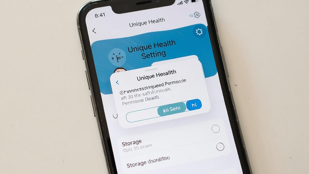 һ��չʾUnique Health���ֻ��ϰ�װ�����õ�ͼƬ�������������ֻ���Ļ����Ļ����ʾUnique HealthӦ�õ�������ҳ�棬ҳ������Ȩ�����󵯴��ʹ洢ѡ�������ǳɫ�������������ֱ�ۣ����ʸɾ��޶���Ԫ�ء�