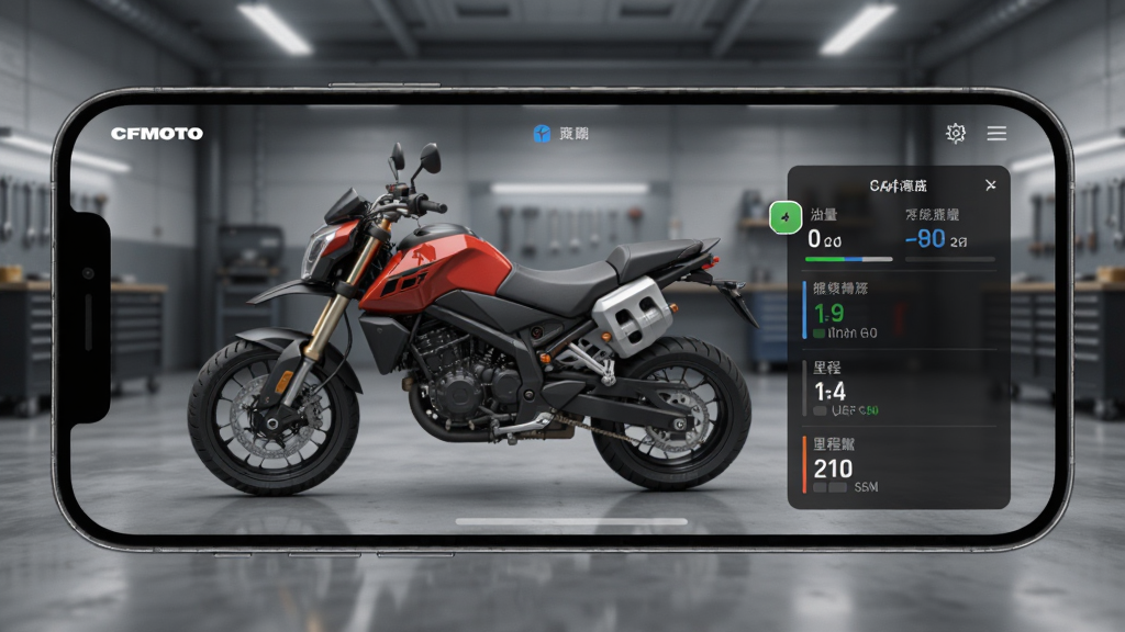 CFMOTOӦ�ó���״̬���棬�ֻ���Ļ��ʾĦ�г�3Dģ����ʵʱ������壬����������̥ѹ����̵���Ϣ�������ǳ��ⳡ����������ͣ��Ƽ���ǿ����������