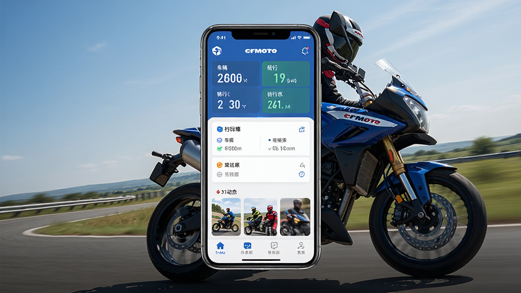 CFMOTO�ֻ�Ӧ�������棬������Ħ�г����г�������������չʾ�ֻ���Ļ�ϵ�CFMOTOӦ�ý��棬��������״̬���������ݡ�������̬��ģ�飬������ɫ���Ƽ������˶��н�ϣ����廭�ʣ��ɾ��޶���Ԫ��