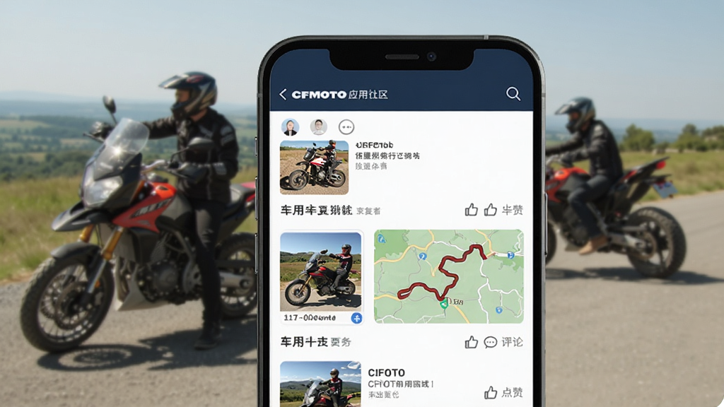 CFMOTOӦ���������棬�ֻ���Ļչʾ���Ѷ�̬�б�������Ħ�г���Ƭ������·��ͼ����������ͼ�꣬�����ǻ������г�������������罻�������ʸɾ�