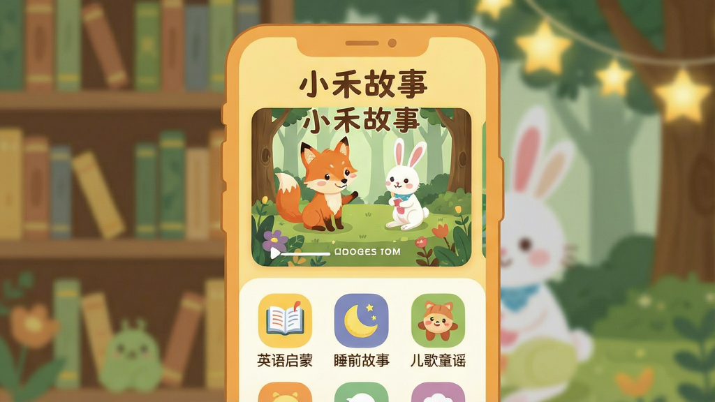 一张展示“小禾故事”App核心全貌的插画,画面中央是一个暖色调的卡通风格手机界面,屏幕里显示着“小禾故事”四个字,界面布局分为上下两部分,上半部分是正在播放的童话故事封面,有可爱的小狐狸和小兔子在森林里,下半部分是清晰的故事分类图标,包括“英语启蒙”、“睡前故事”、“儿歌童谣”等,整体风格是温馨的扁平化插画风,色彩柔和以暖黄和浅绿为主,背景是模糊的书架和星星灯,画质干净清晰,没有多余的装饰元素