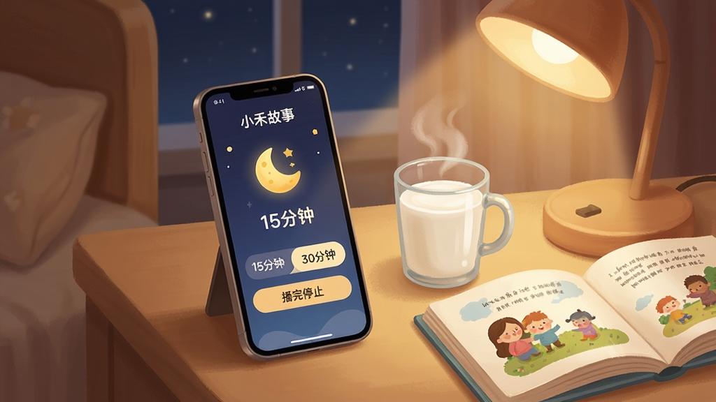 一张展示“小禾故事”App定时关闭和离线缓存功能的AI生图,画面是一个夜晚的卧室场景,床头柜上放着一部手机,手机屏幕上显示着“小禾故事”的定时关闭设置界面,界面中央有一个月亮图标和倒计时数字,旁边有“15分钟”、“30分钟”、“播完停止”的选项按钮,手机旁边有一杯热牛奶和一本翻开的绘本,画面风格是温馨的暖色调插画,细节处能看到柔和的台灯光晕,画质干净,没有多余的装饰