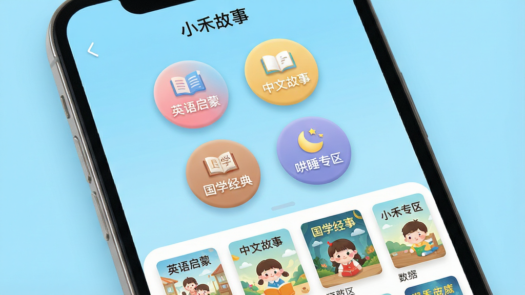 一张展示“小禾故事”App内容分类界面的AI生图,画面主体是一个手机屏幕特写,屏幕里显示着“小禾故事”的App界面,界面中央是四个色彩柔和的圆形图标,分别写着“英语启蒙”、“中文故事”、“国学经典”、“哄睡专区”,图标下方是整齐排列的故事封面缩略图,背景是明亮的淡蓝色,风格是干净简洁的UI设计展示,细节处能看到图标的圆角和阴影处理得很精致,画质干净,没有多余的图标和文字