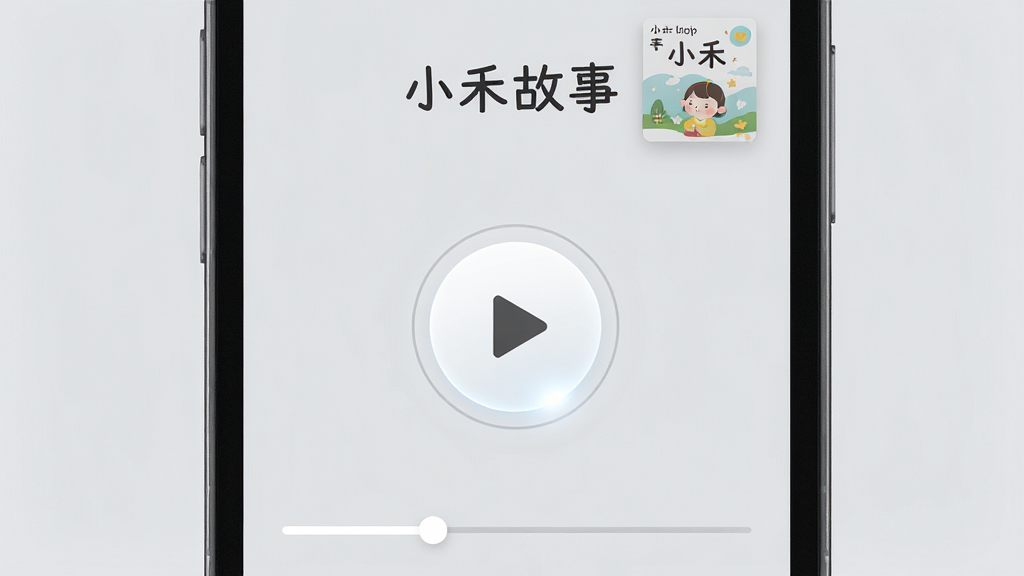 一张展示“小禾故事”App纯净播放界面的AI生图,画面是一个手机屏幕的正面特写,屏幕里显示着“小禾故事”的播放界面,界面非常简洁,中央是一个大大的圆形播放按钮,周围是故事封面和进度条,整个界面没有广告横幅也没有弹窗,背景是纯净的浅灰色,风格是极简主义的UI设计,细节处能看到播放按钮的微光效果,画质干净清晰,没有任何多余的图标和文字