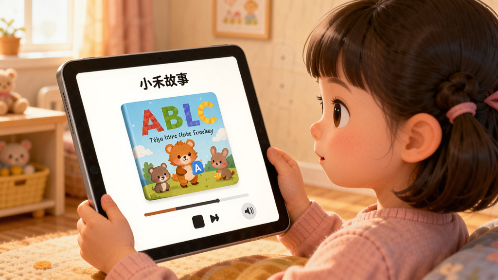 一张展示“小禾故事”App英语启蒙功能的AI生图,画面是一个温馨的儿童房场景,一个小女孩正拿着平板电脑听故事,平板电脑屏幕上显示着“小禾故事”的界面,界面中央是一个正在播放的英文绘本封面,上面有ABC字母和可爱的动物图案,屏幕下方有播放进度条和音量调节按钮,画面风格是柔和的卡通插画风,色调温暖,细节处能看到小女孩专注的表情,画质干净,没有多余的装饰